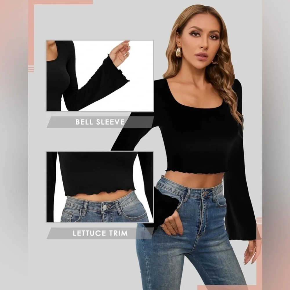 NWT- CLOZOZ Women’s Crop Top Blouse Square Neck, Long Bell Sleeve, Lettuce Trim